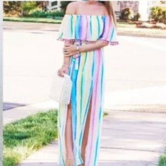 BUDDY LOVE Shelly Unicorn pastel rainbow off the shoulder tie waist maxi dress - Picture 1 of 14